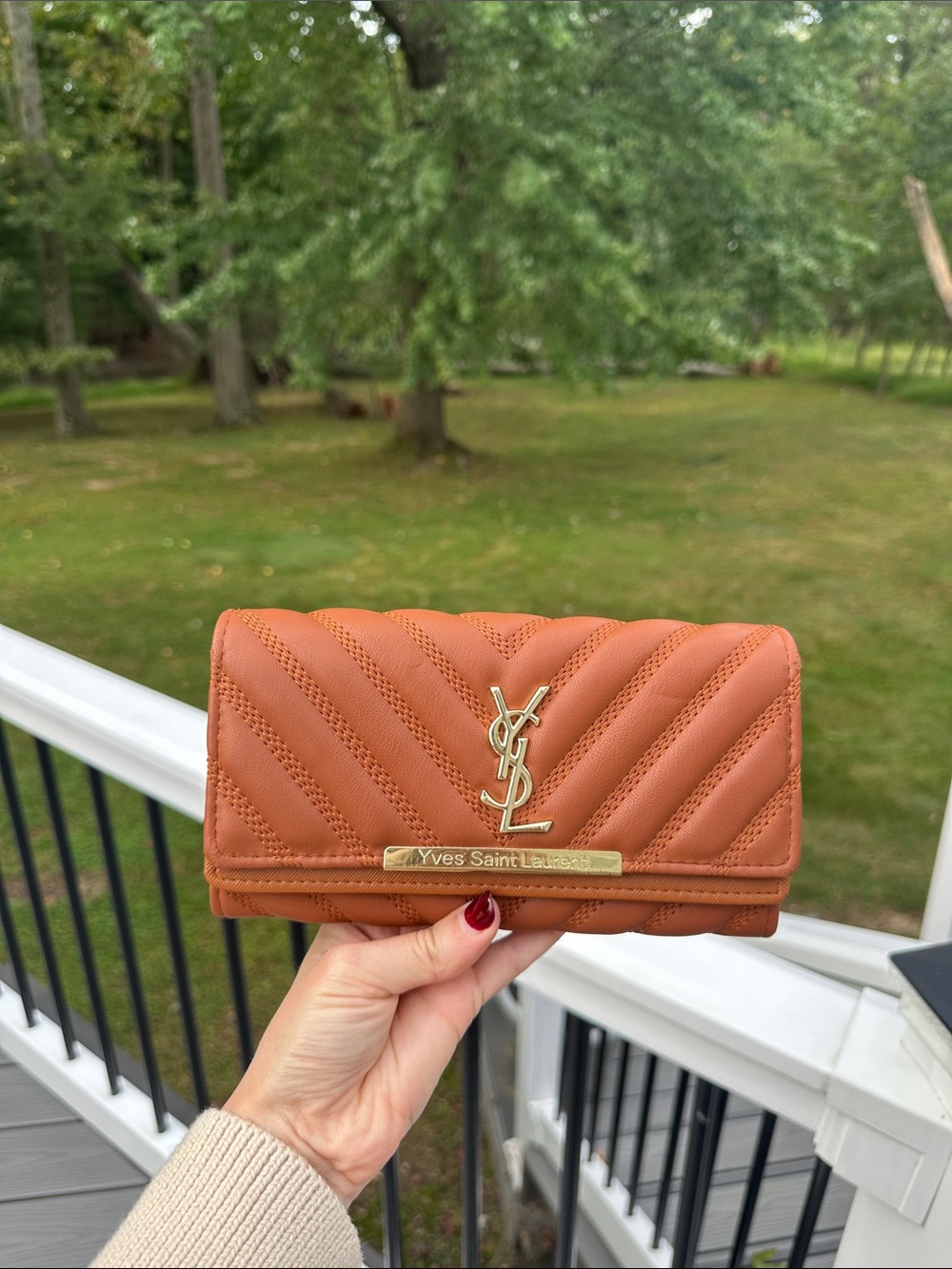 Yves Saint Laurent Rust Chevron Quilted Wallet with Gold Logo - Picture 3 of 11